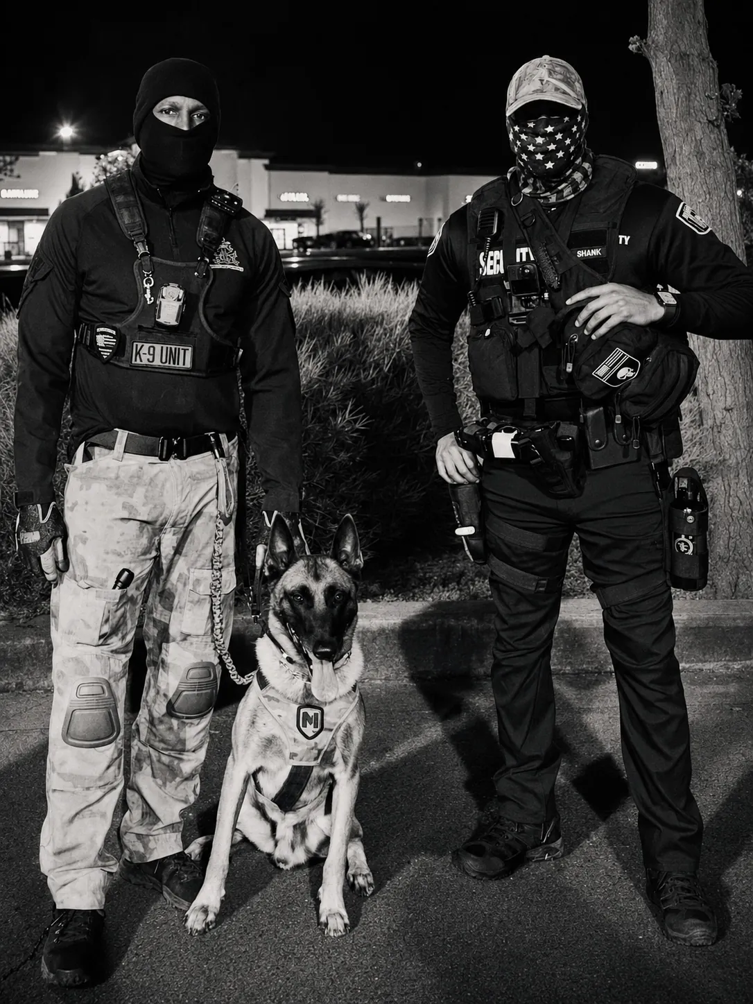 K9 handler and security operator on detail at night